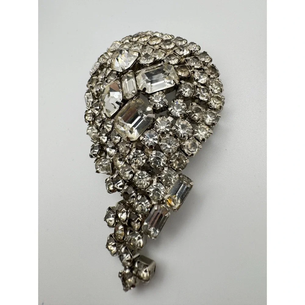 Vintage Rhinestone Brooch Clear Sparkly Baguette Pin